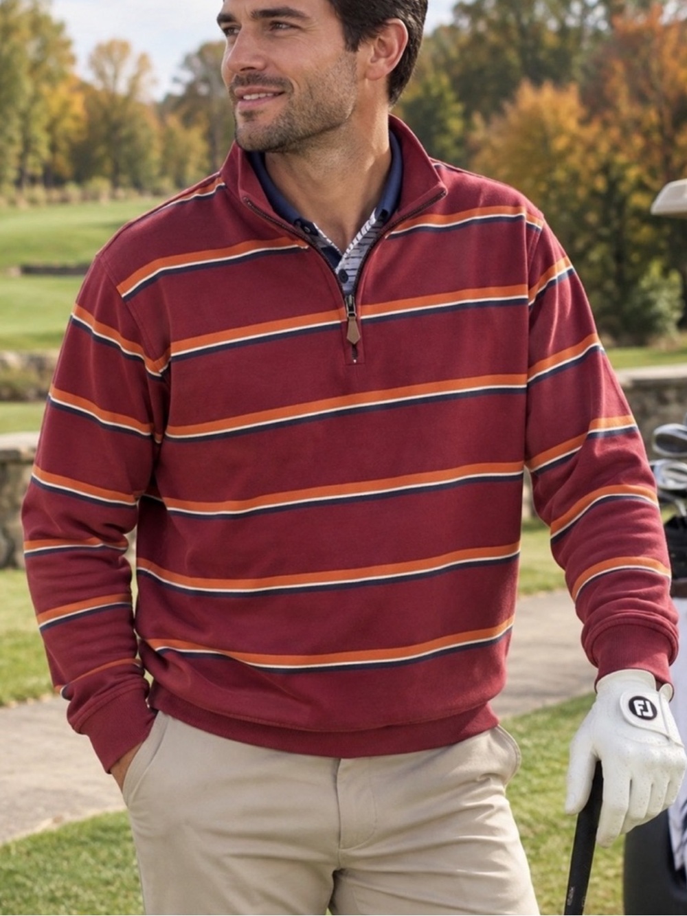 Vintage 90s BOCA CLASSICS Mens Quarter Zip Golf Sweatshirt Burgundy Stripe Large
